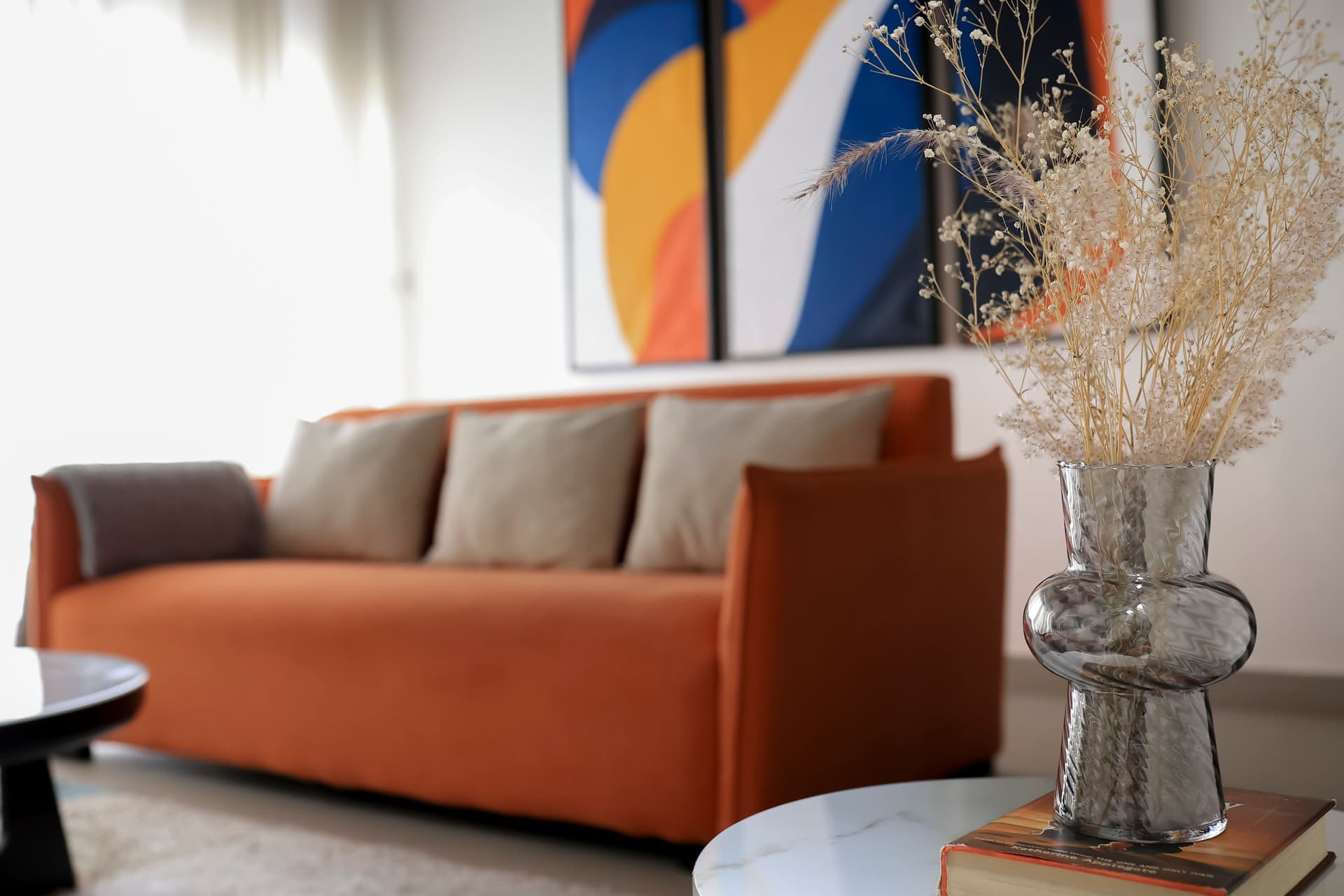 Living room with orange sofa